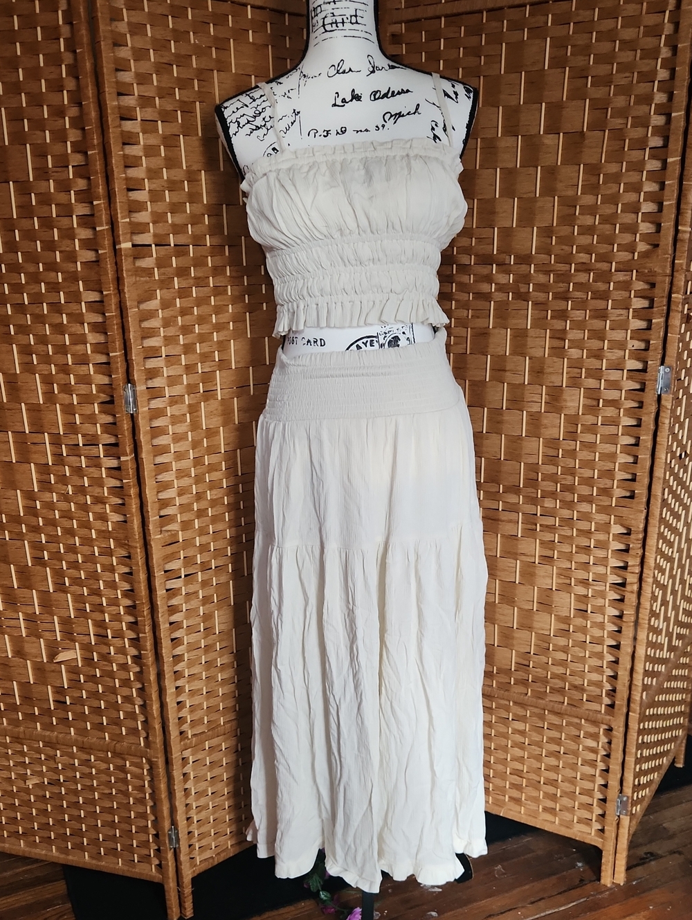Women's Summer, Vacation, Cream Two Piece, Elastic Waist Top W Matching Skirt